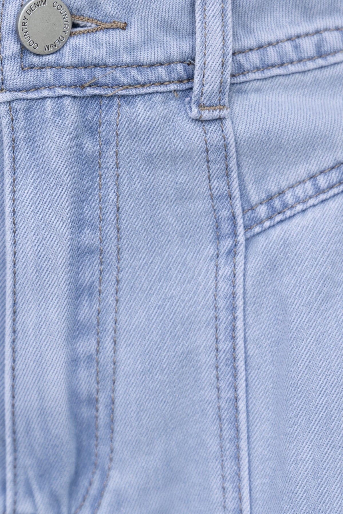 Close-up of light blue denim shorts showcasing mid-high waist fit and front pocket details.