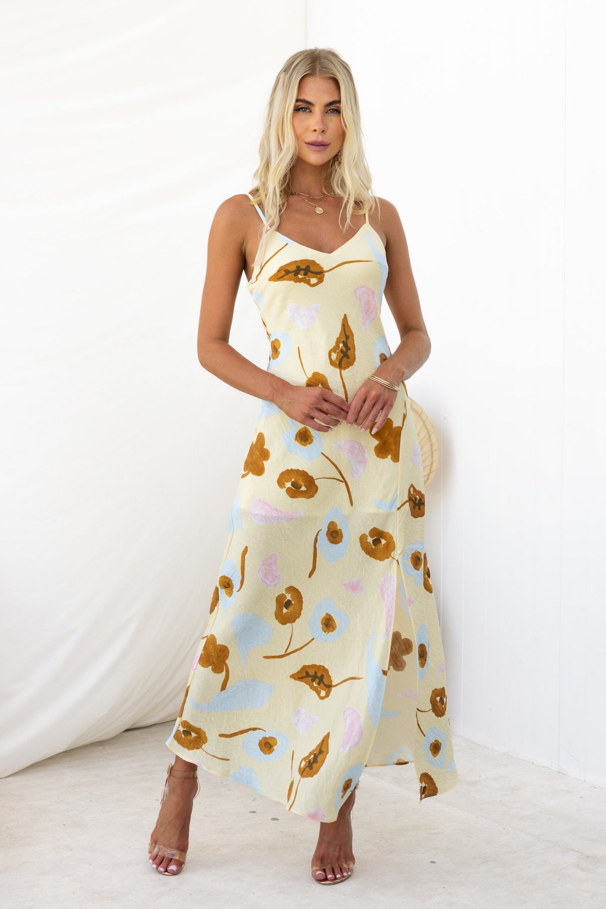 Ellis Maxi Dress, floral print, adjustable straps, front split, lightweight, relaxed fit, perfect for summer style.