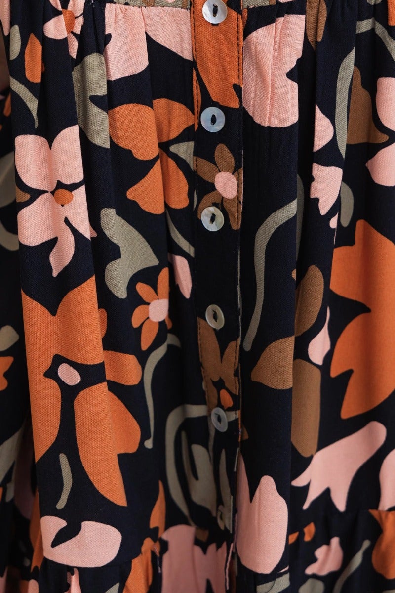 Close-up of Stellan Dress featuring black multi-color floral print, button-up front, and elastic cuffed sleeves.