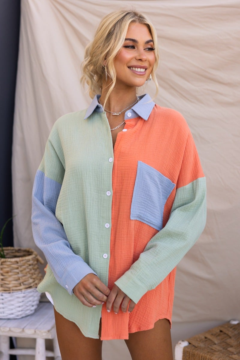 Atticus Top: Lightweight cotton button-up shirt with pastel colors and pocket at bust, perfect for an oversized fit.