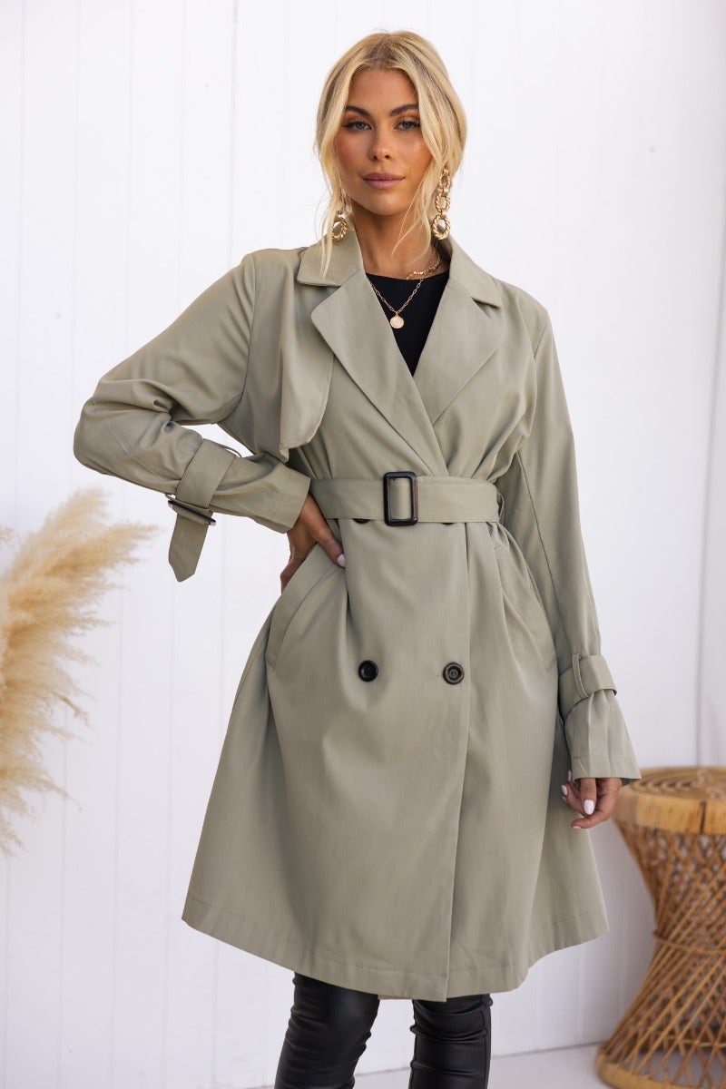 Stylish Cheyla Coat in olive green with removable belt, button closure, and pockets, perfect for any season.
