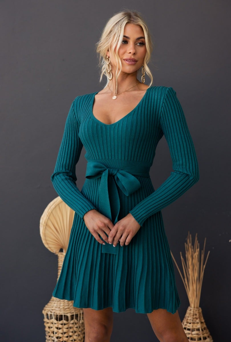Cadello Dress in teal, ribbed knit with a round neckline and removable belt, styled for a standard fit.