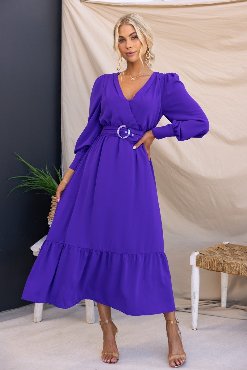 Alizzie Midi Dress in purple with V-neckline, elastic waistband, and removable belt, styled on model.