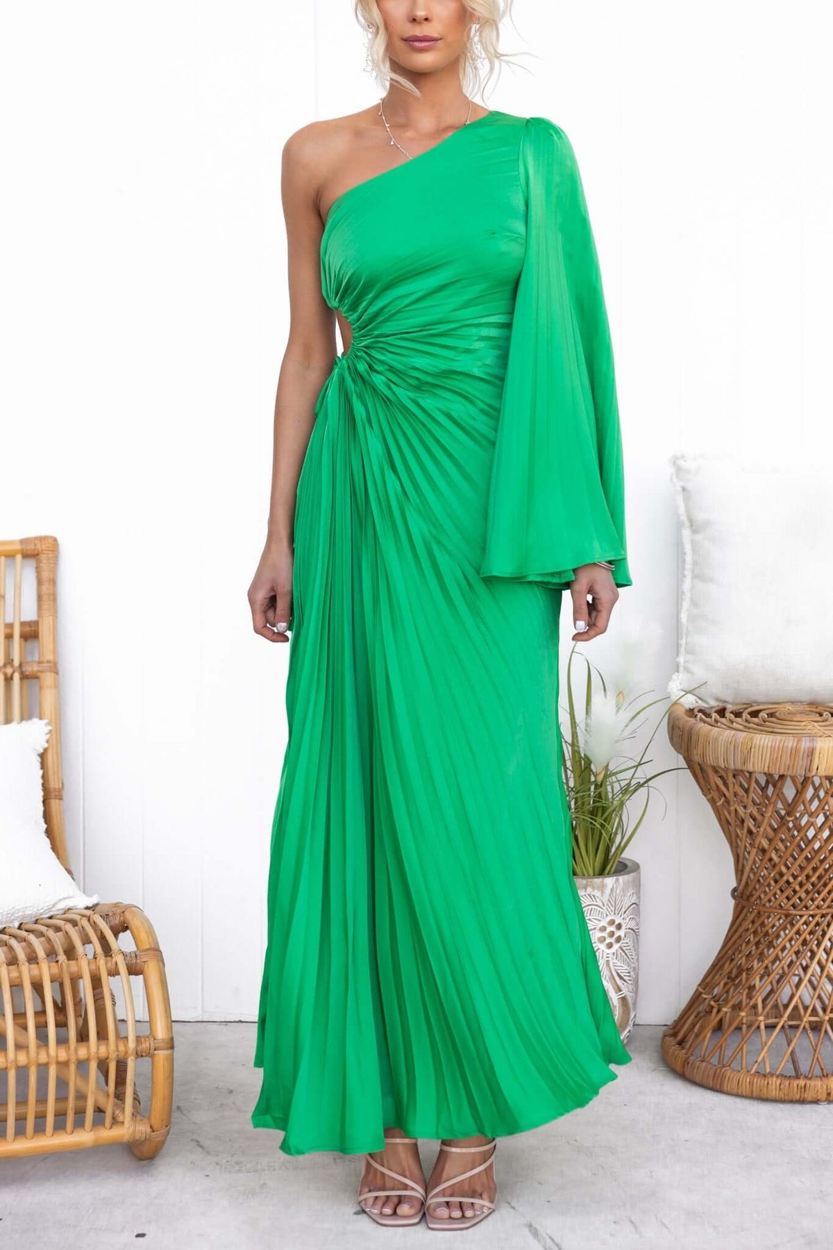 Regal Maxi Dress: One-shoulder pleated green satin maxi dress with cut-out waist and drawstring tie.