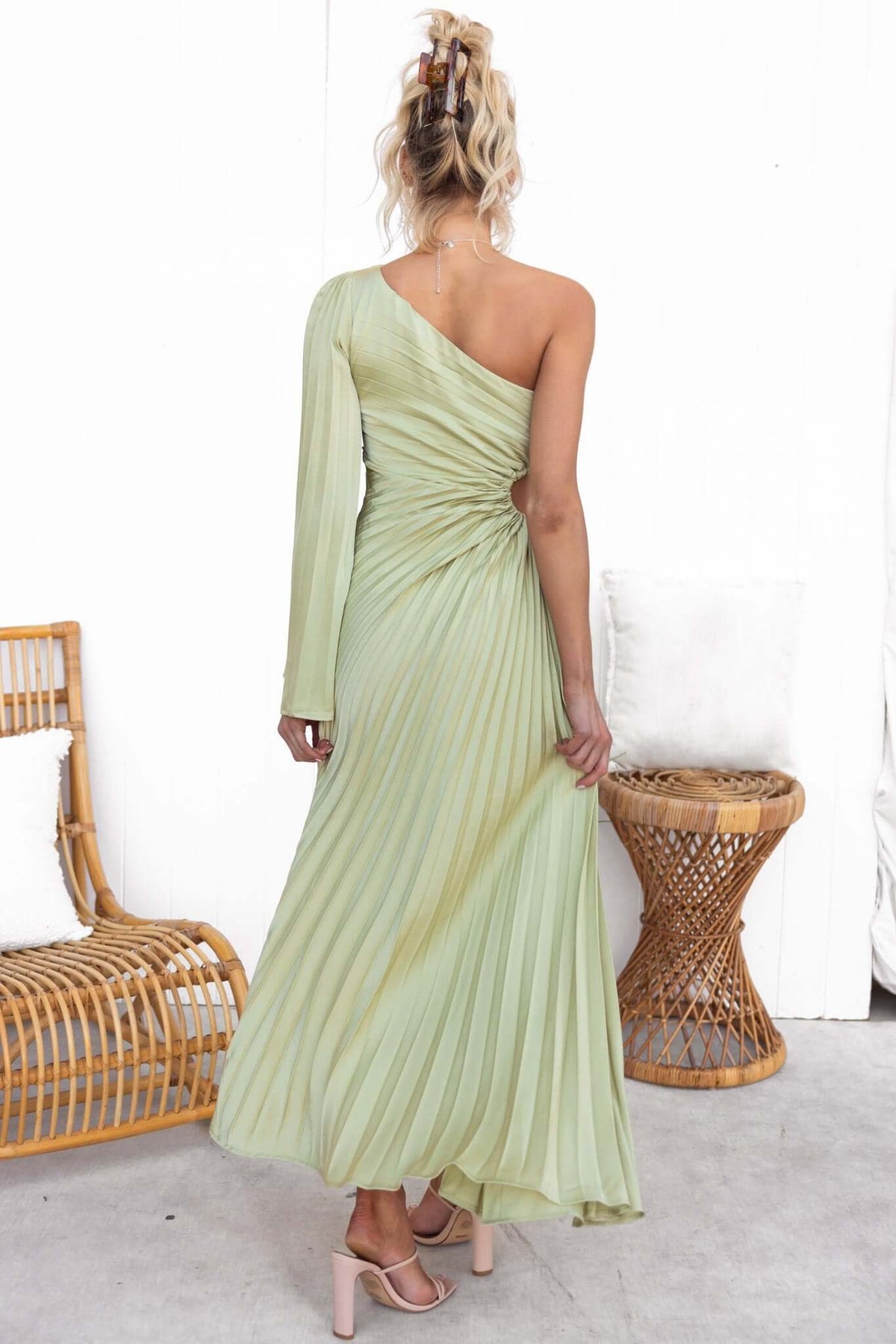Regal maxi dress in light green, one-shoulder style with pleated design and drawstring tie at the waist.