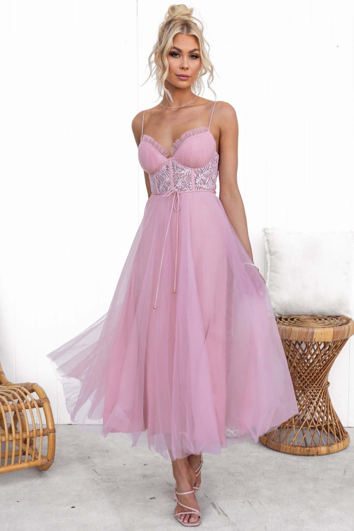 Tulle Wash Away Maxi Dress in pink with adjustable straps and lace detail.