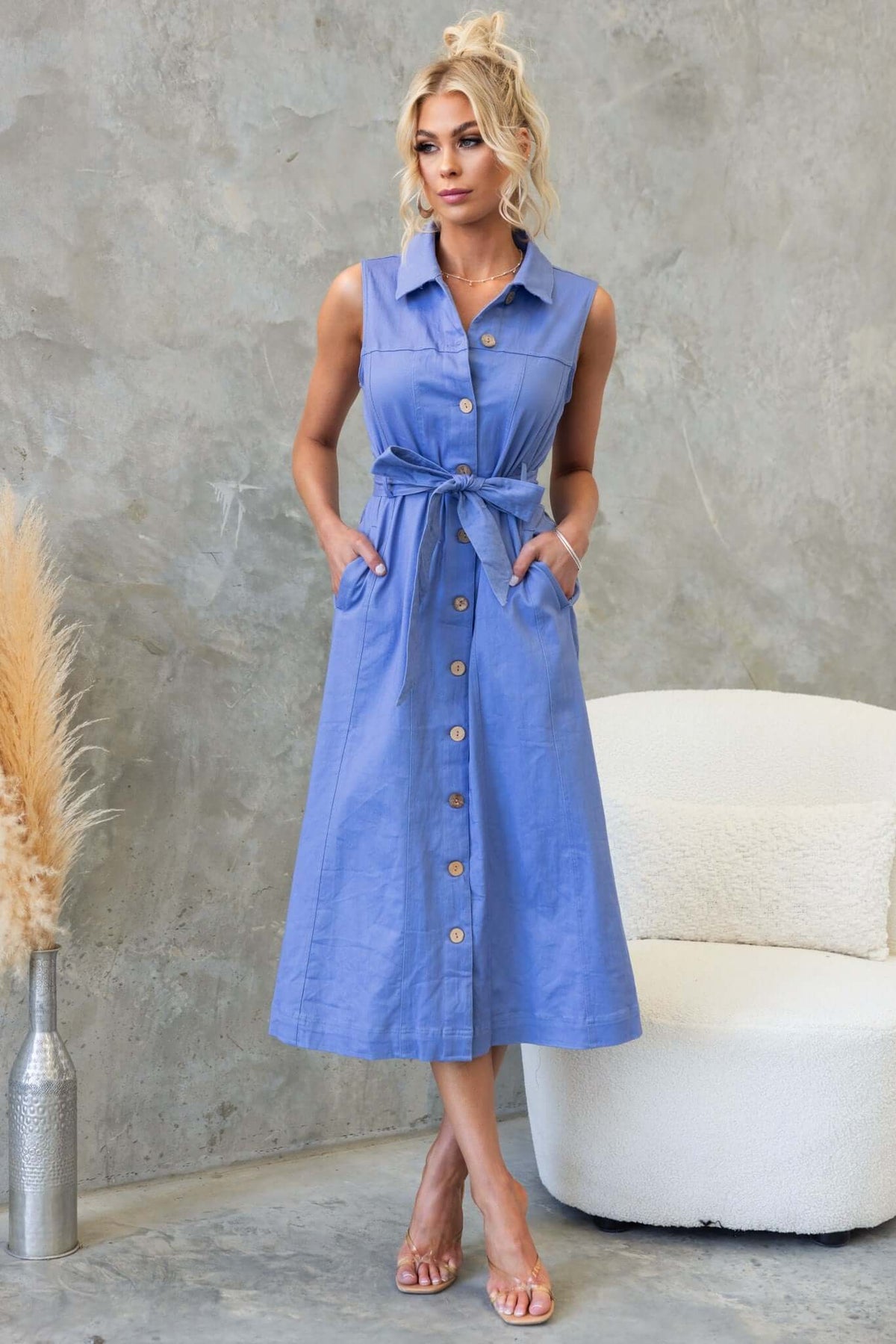 Kinston Denim Midi Dress in light blue with button-up front, removable tie, and pockets, perfect for casual summer outings.