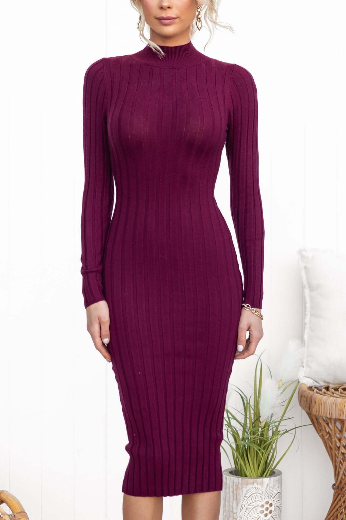 Bonners Midi Dress in burgundy with high neckline and ribbed knit, featuring a form-fitting design.