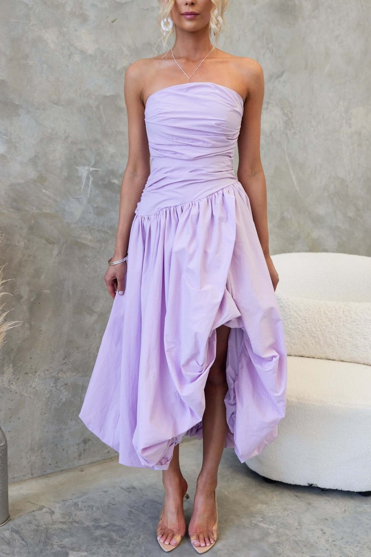 Carette Midi Dress in Lilac, strapless design with asymmetric hemline and anti-slip bust, perfect for elegant occasions.
