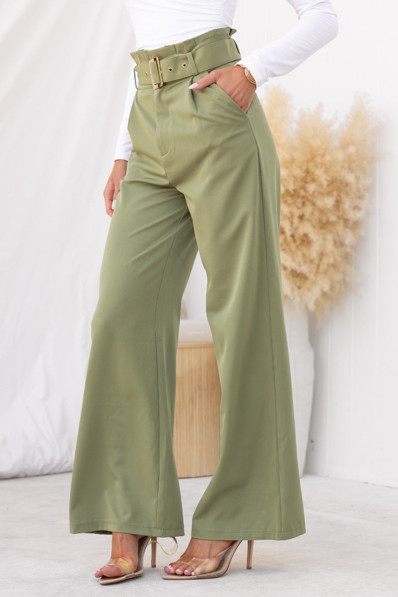 No Strings Pants with paperbag waist, removable belt, and pockets in olive green.