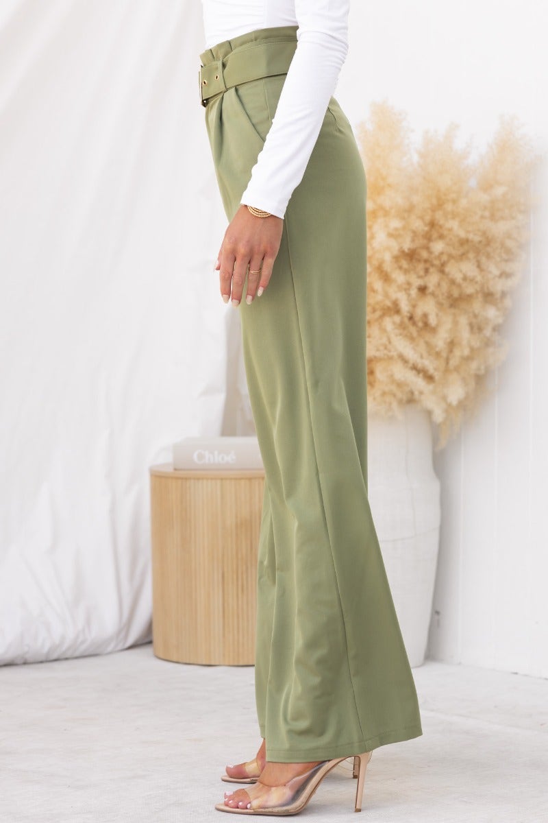 Side view of No Strings Pants featuring a paperbag waist and removable belt in olive green.