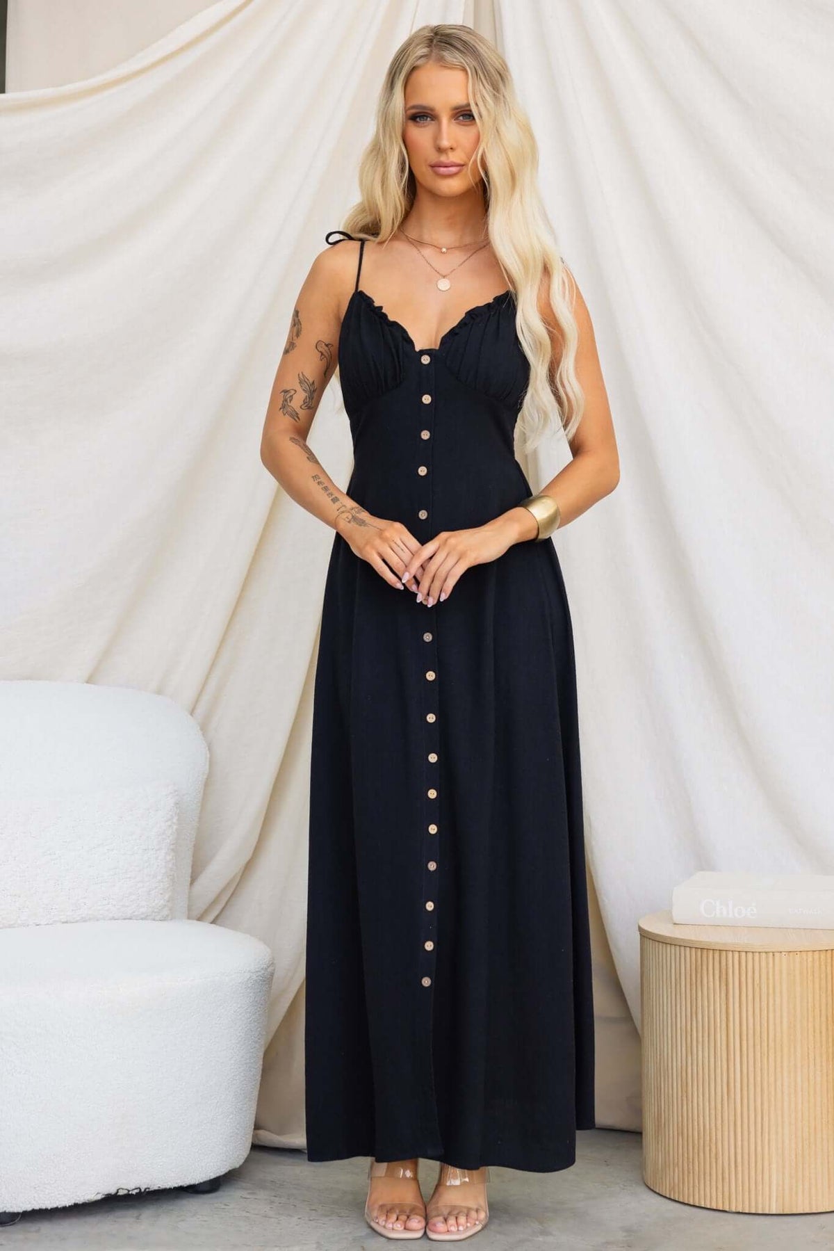 Elegant Damico Maxi Dress featuring tie straps and faux buttons, perfect for a stylish summer look.