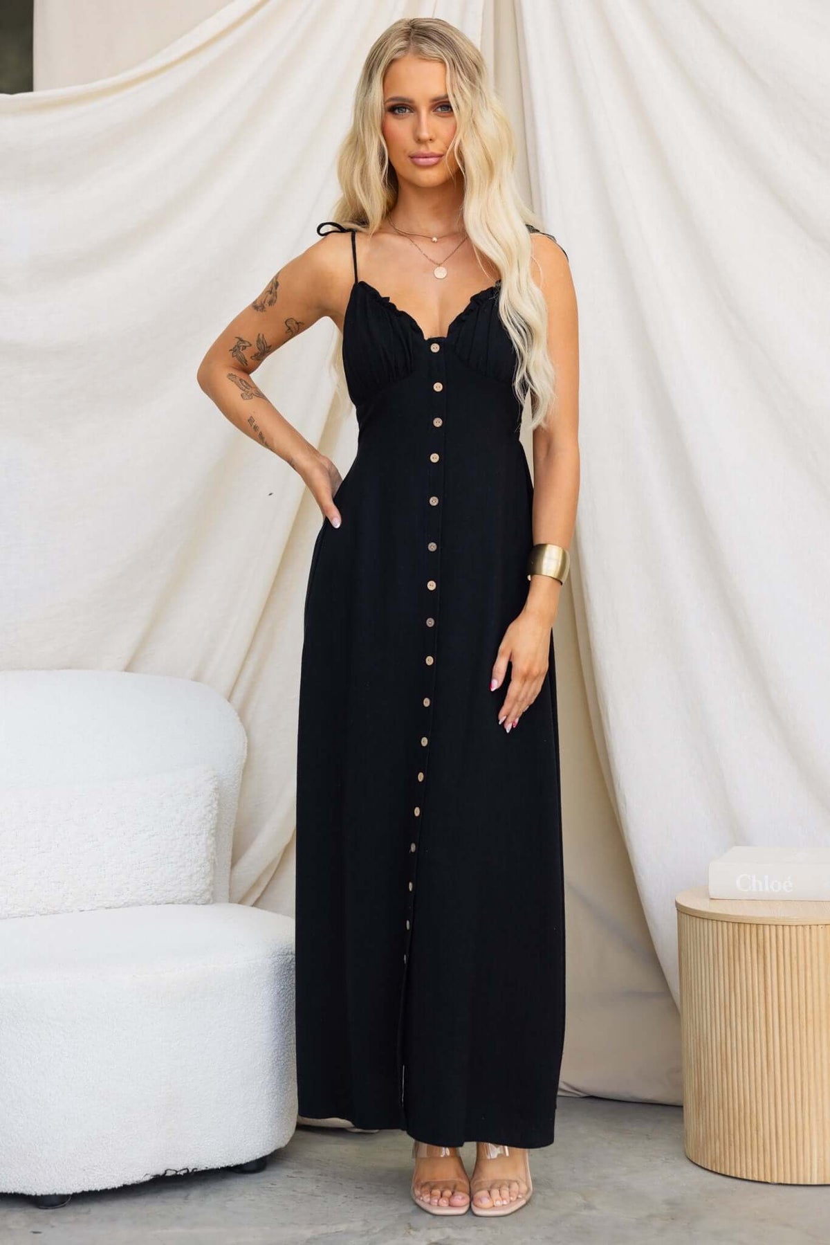 Black Damico Maxi Dress featuring tie straps, faux buttons, and a front split, perfect for stylish summer wear.