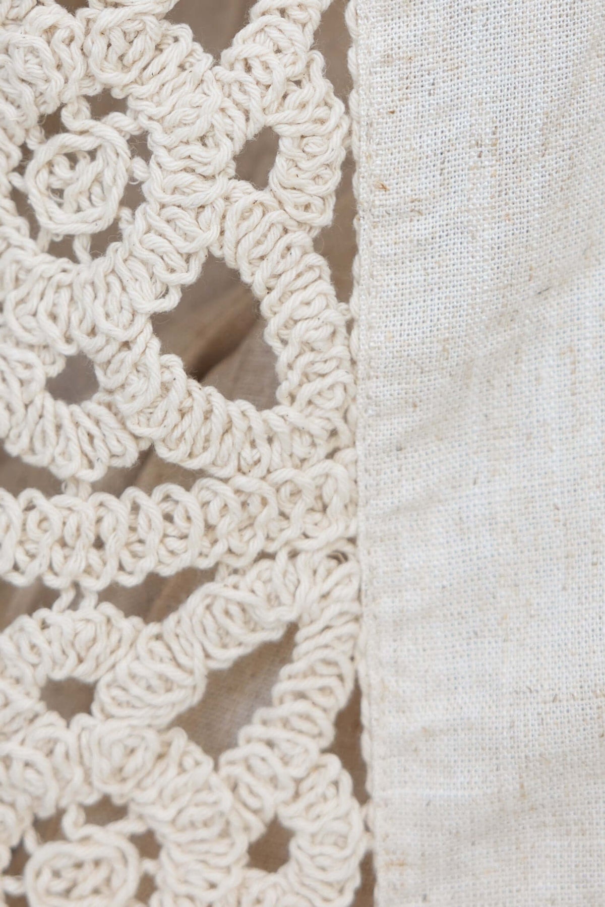 Close-up of crochet detailing on fabric, showcasing intricate patterns and texture.