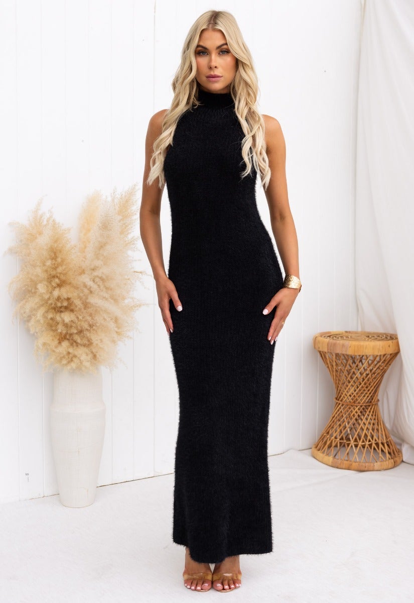 Black fluffy knit Watchful Eye maxi dress with a high neckline and stretchy fabric, perfect for stylish comfort.