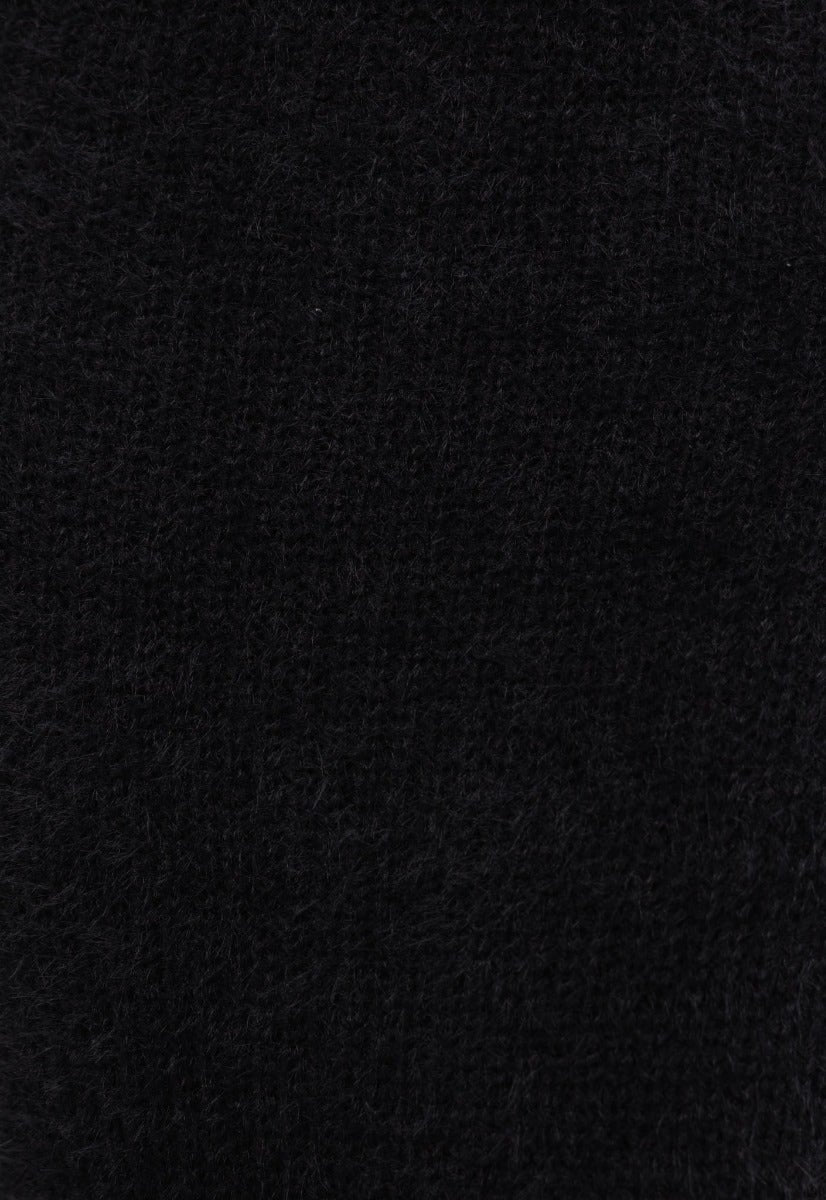 Close-up of the black fluffy knit material used in the Watchful Eye Maxi Dress, showcasing its soft texture and stretch.