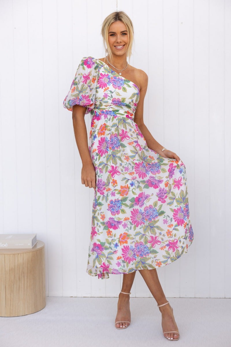 Floral print Woran midi dress with one-shoulder neckline and side zip, model wearing size 6/XS.