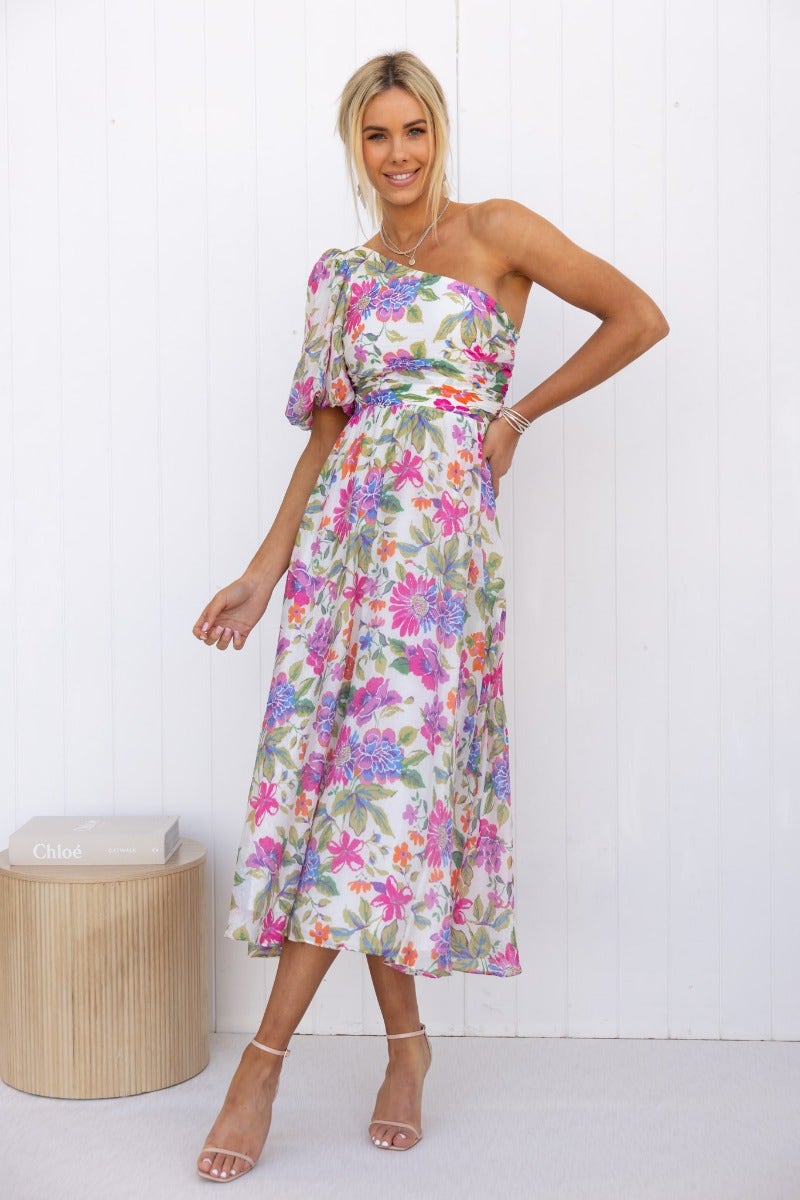 Floral print one-shoulder midi dress, featuring an invisible side zip and anti-slip bust detail.