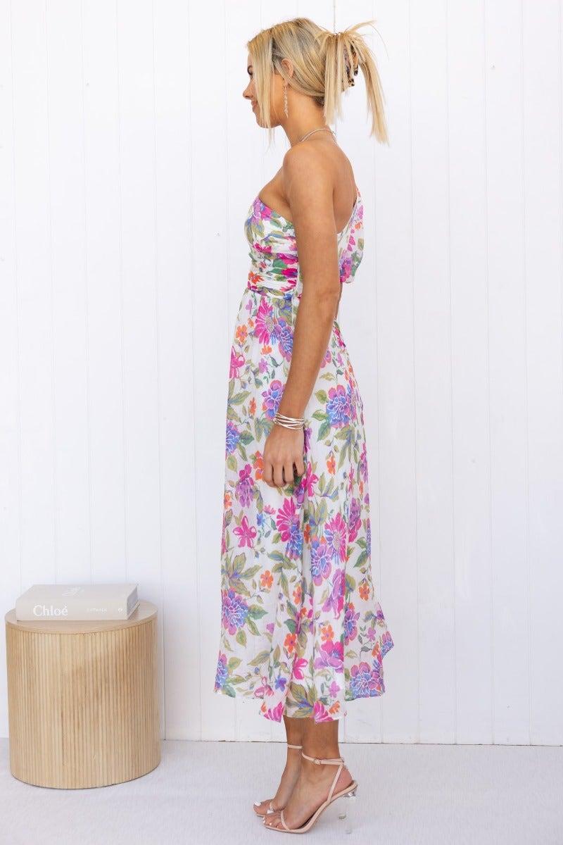 Woran Midi Dress in floral print, featuring one-shoulder neckline and side invisible zip, worn by model.