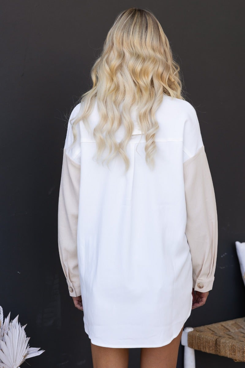 Back view of Baxter Shirt featuring a relaxed fit with cream and beige sleeves, made from 100% cotton.