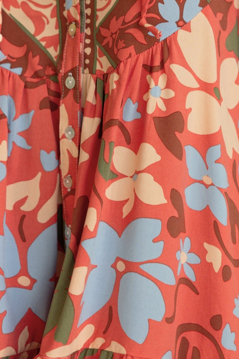 Close-up of Taniah Maxi Dress featuring vibrant floral print, V-neckline, and button detail.