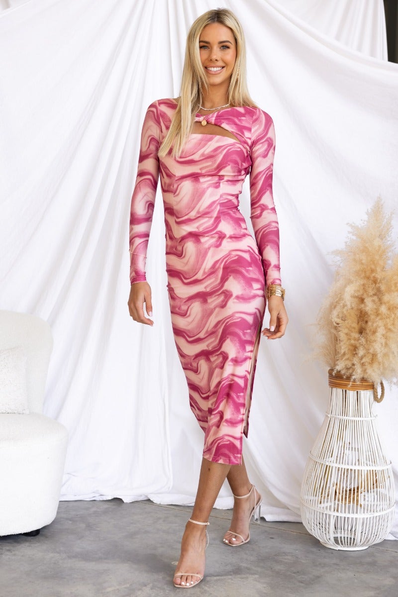 Stylish multi-colour Qara midi dress with twist detail and side split, perfect for any occasion.
