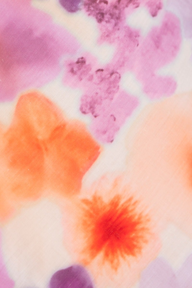 Colorful floral print featuring shades of orange, purple, and red, perfect for a feminine maxi dress design.