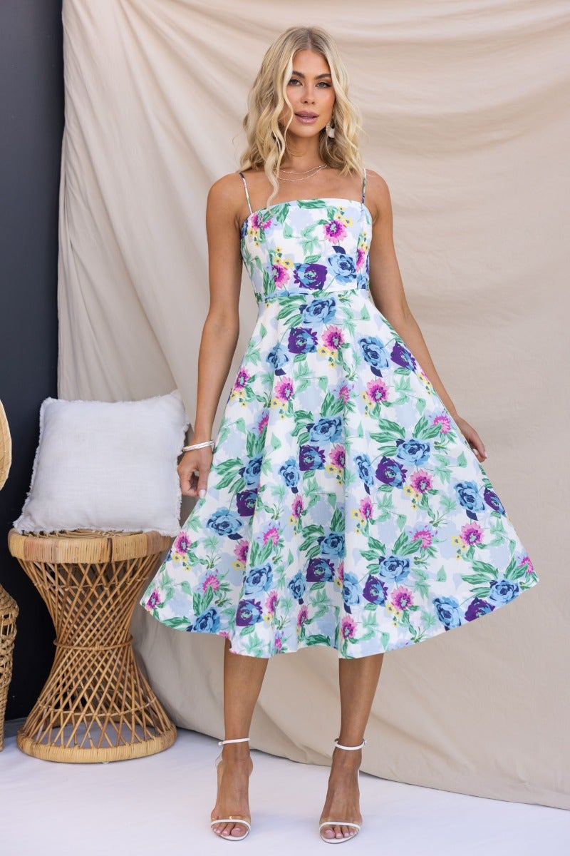 Rekiah Midi Dress featuring floral print, square neckline, and thin adjustable straps, perfect for warm weather styling.