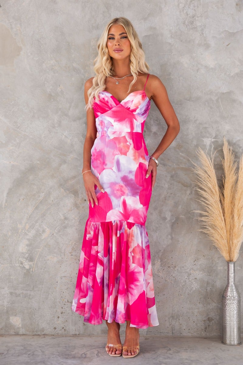 Floral print Forget Me Maxi Dress with adjustable straps and layered skirt, perfect for summer events.