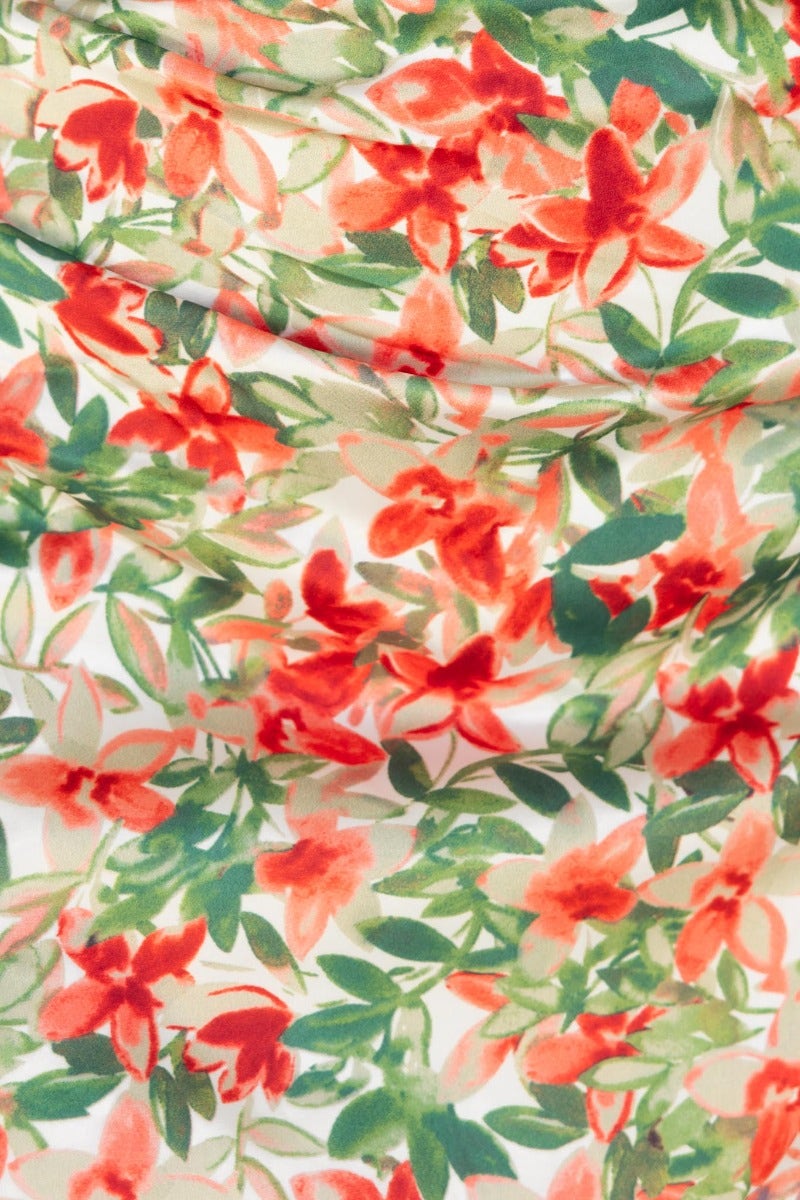 Close-up of floral print on Dimmi Maxi Dress featuring vibrant red flowers and green leaves.
