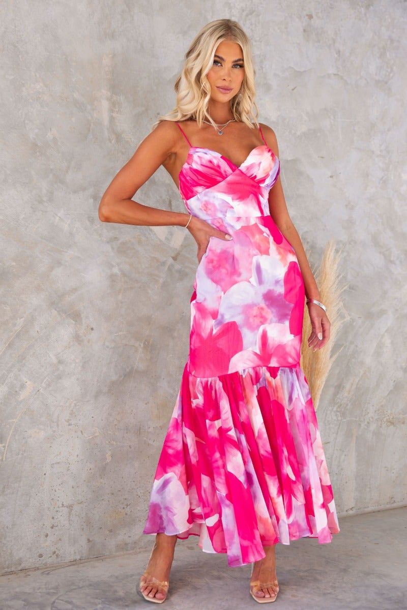 Forget Me Maxi Dress in floral print, featuring adjustable straps and a flowing skirt, perfect for summer occasions.