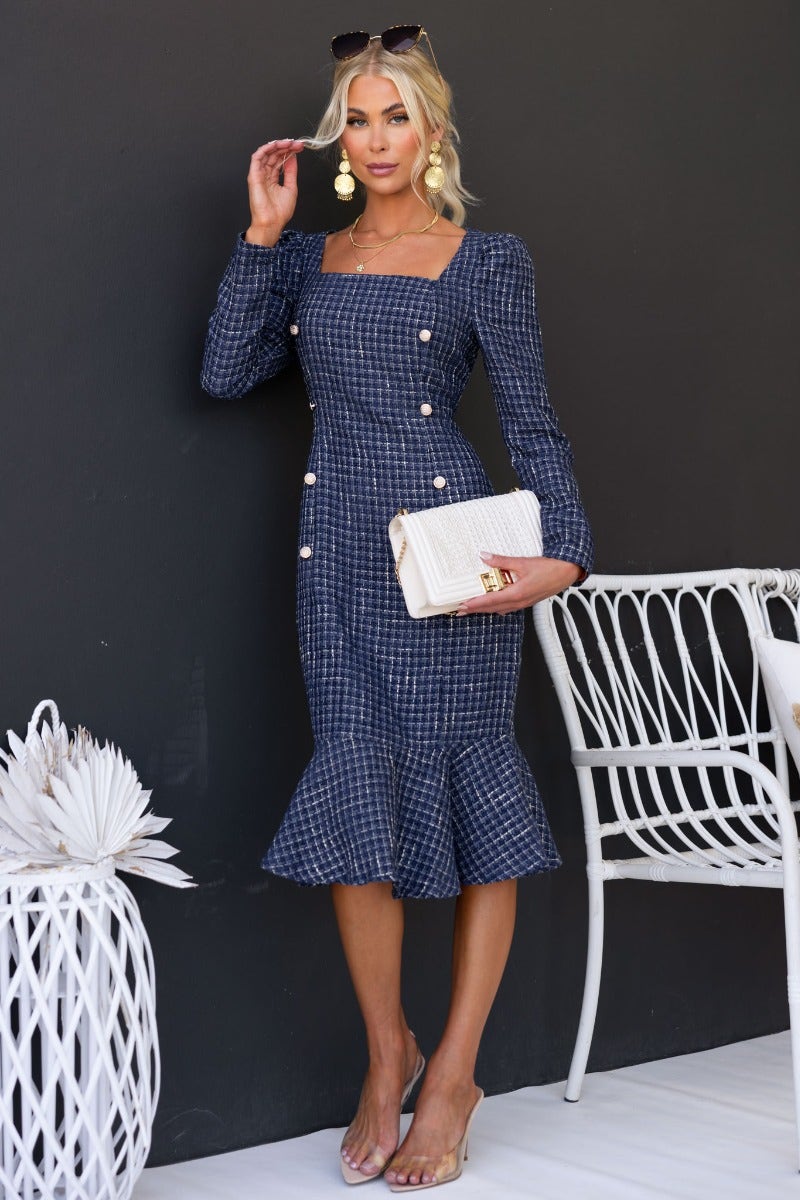 knee length dresses for ladies Fine Line Long Sleeve Knit Mini Dress White main image 1