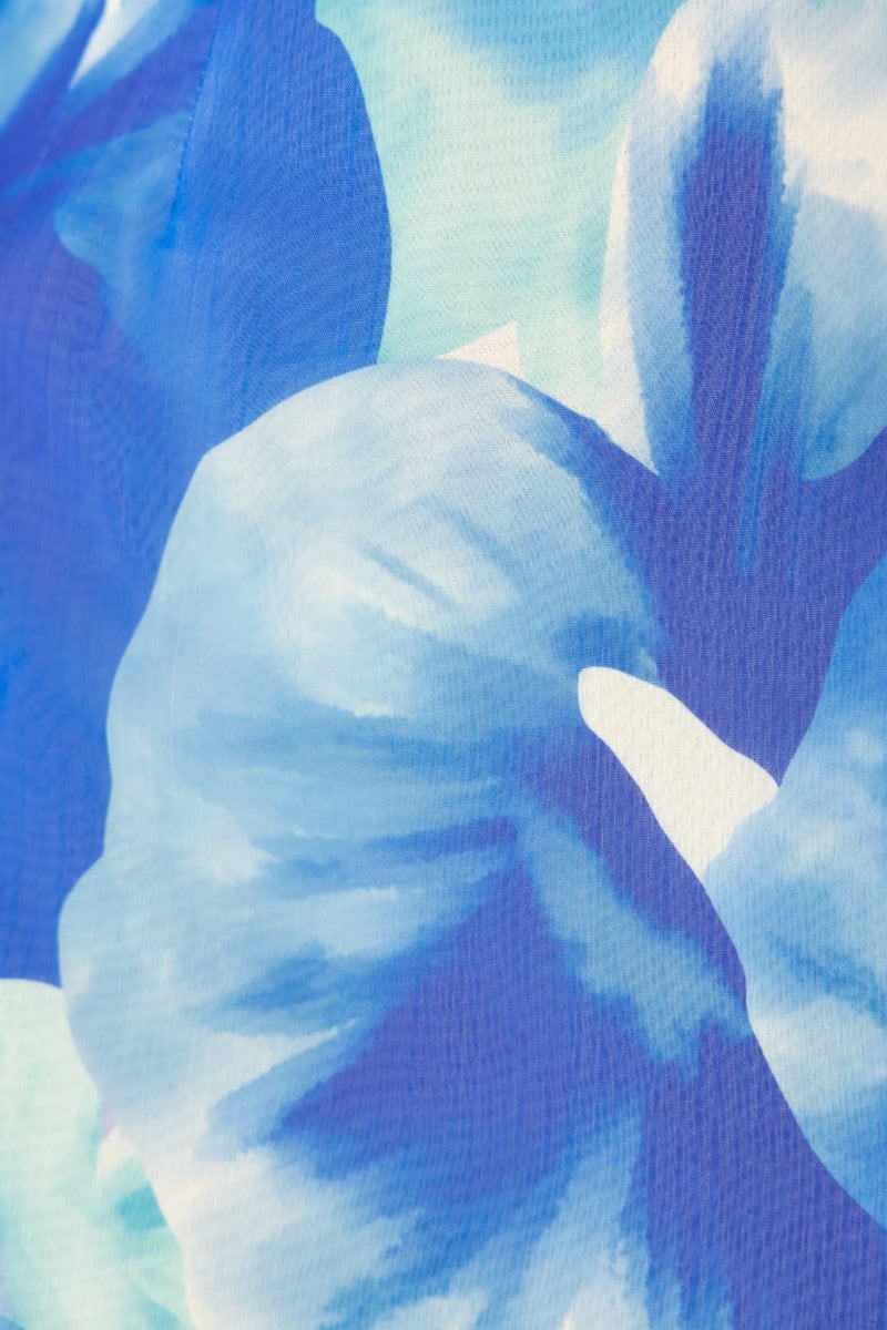 Close-up of blue floral print fabric, featuring soft hues for the Forget Me Maxi Dress.