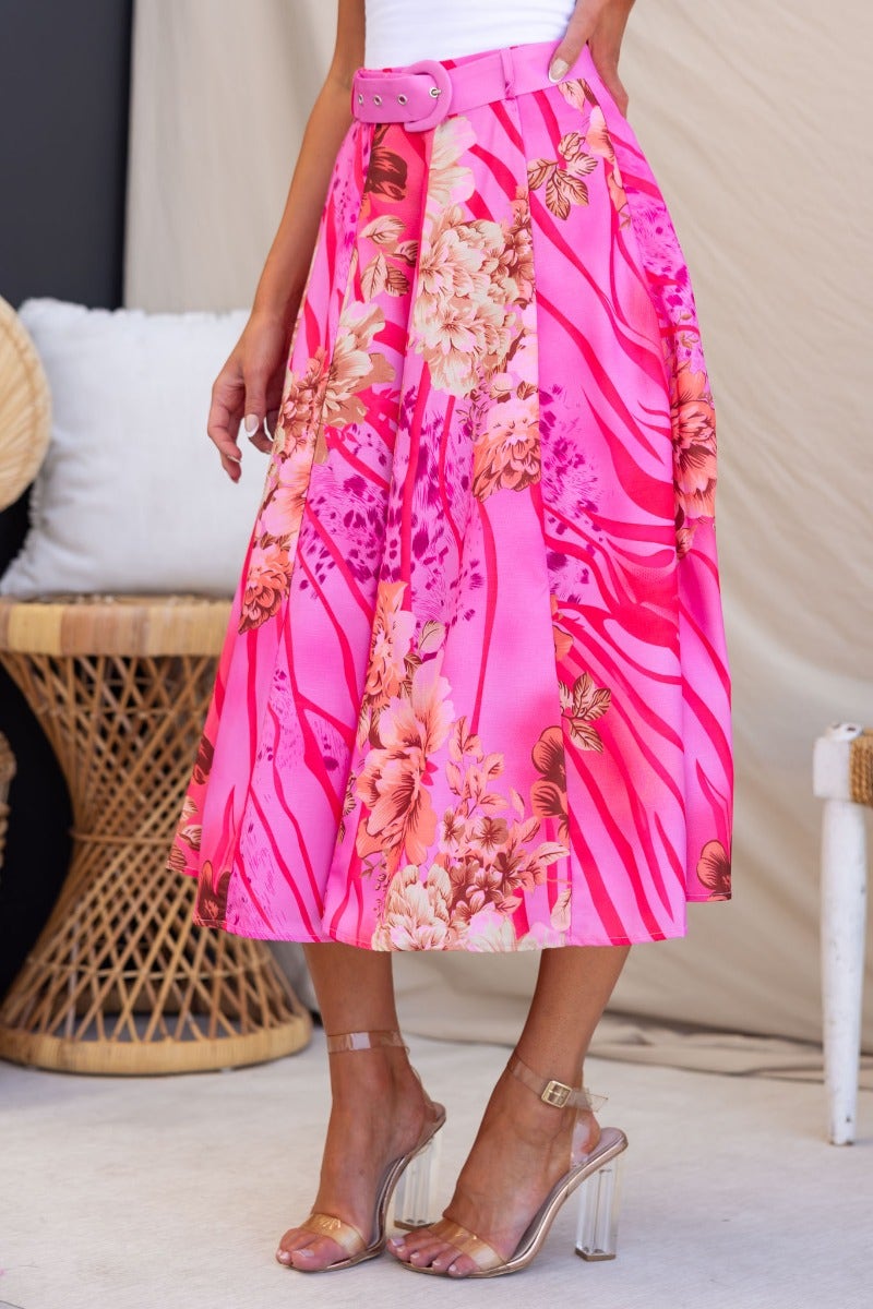 Floral print Optimistic midi skirt in pink with removable belt and side zip, perfect for a stylish summer look.