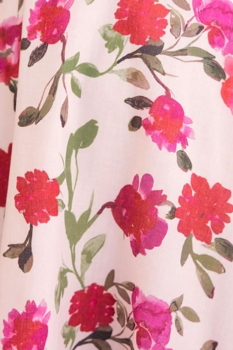 Floral print design featuring pink and red flowers on a soft background, perfect for a stylish midi dress.
