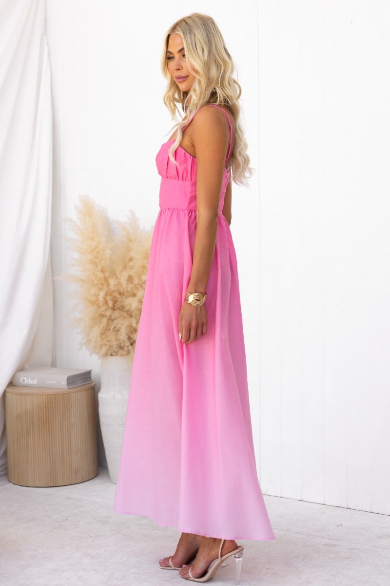 Elegant pink cotton blend maxi dress with adjustable straps and lined bust, perfect for summer events.
