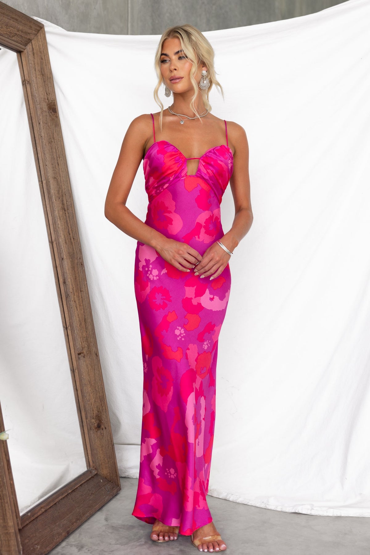 Floral print Get Me Maxi Dress in pink with adjustable straps and keyhole detail.