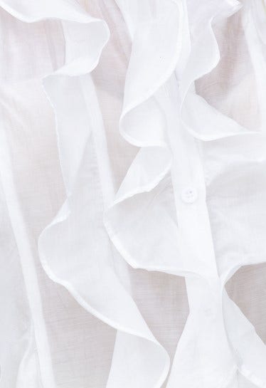 Close-up of a sheer white button-up top with ruffle details, perfect for a dreamy, light summer look.