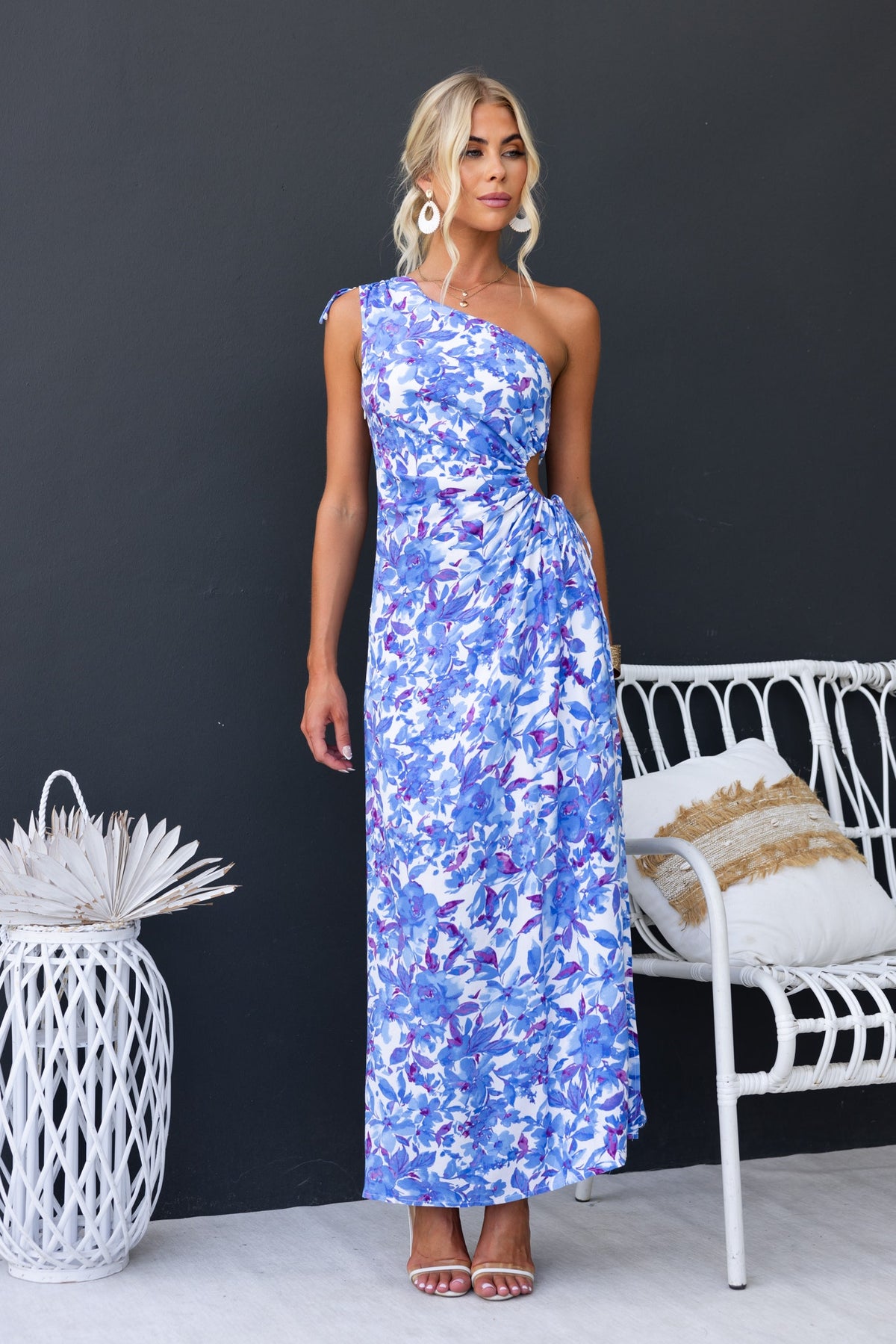 Floral print Ronan maxi dress with one-shoulder neckline, side split, and adjustable ruching detail.