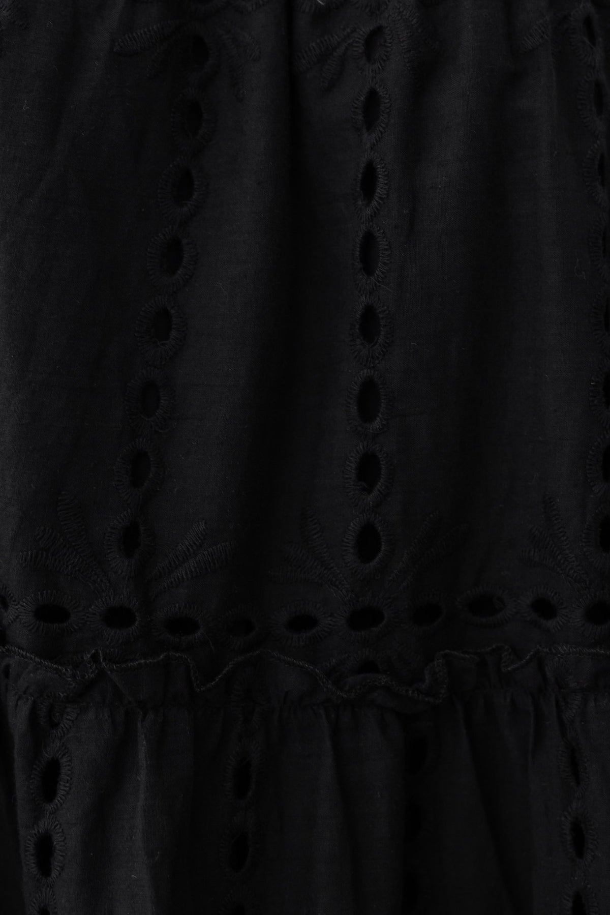 Close-up of the Charlene Dress featuring black Anglaise material with decorative cutouts, showcasing its lined design.