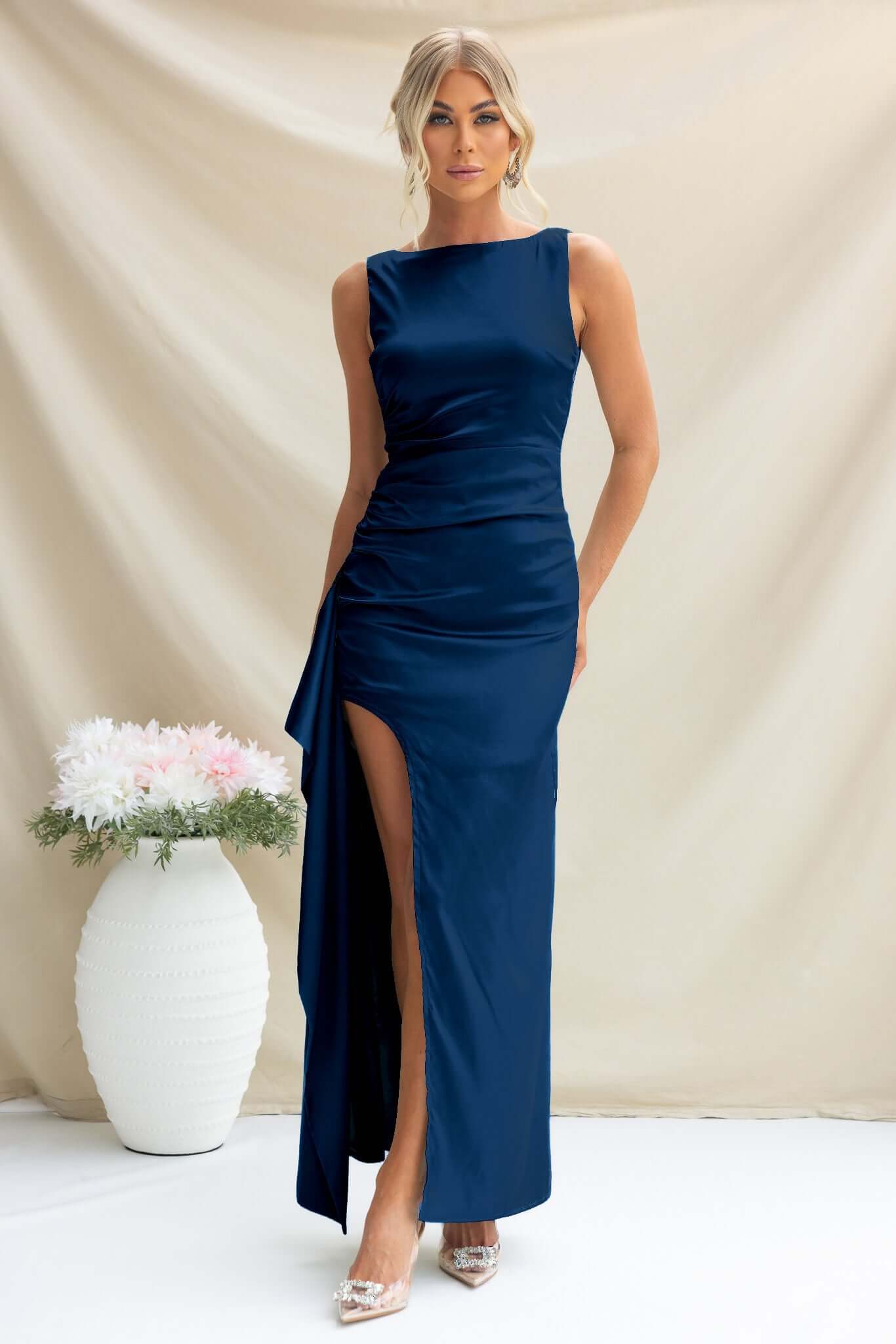 Kenzie Maxi Dress - Elegant Navy Satin Dress – Amaroso Boutique