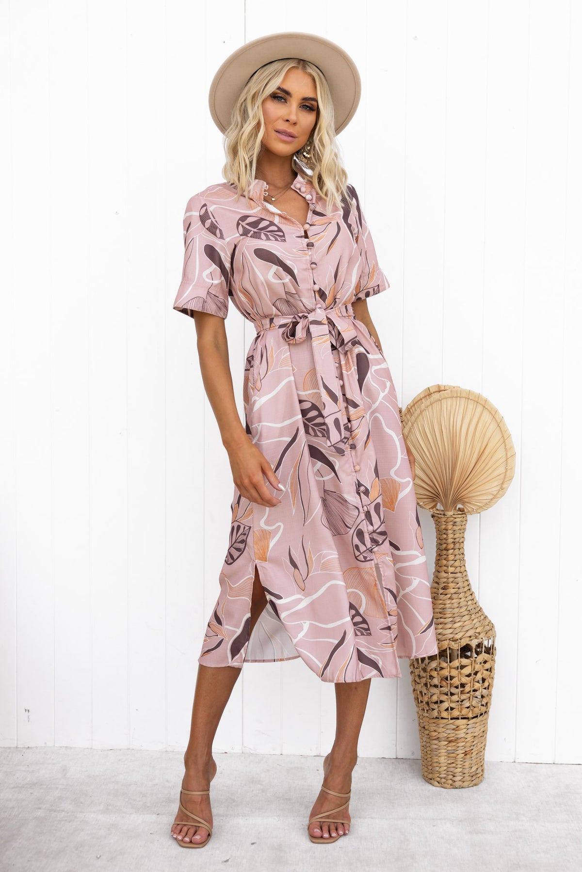 Jubell Midi Dress with floral design, featuring a high neckline, button-up front, and removable fabric tie.