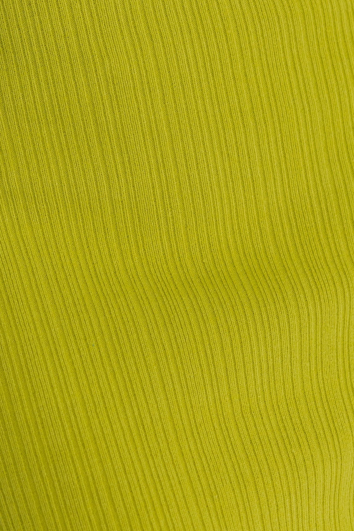 Close-up of ribbed knit fabric in vibrant yellow, showcasing texture for Oura Midi Dress.