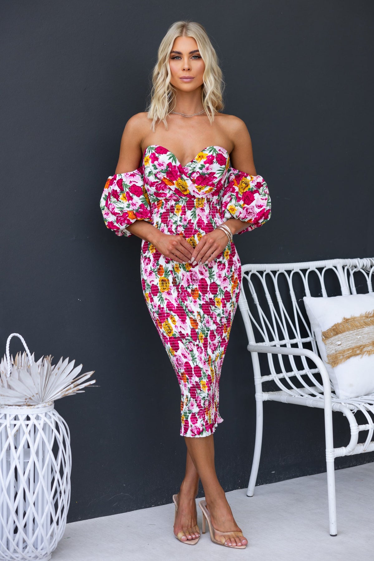 Gwenna Midi Dress: Floral off-shoulder bodycon dress with elastic sleeves and bust boning, perfect for summer.