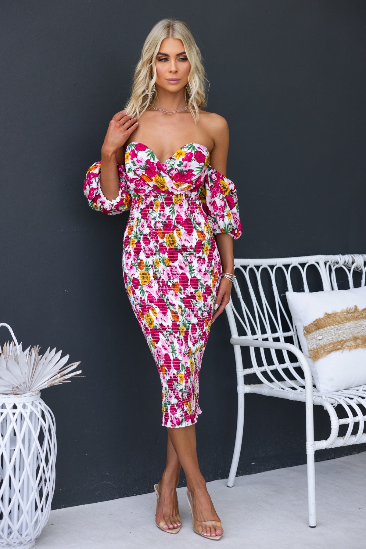 Gwenna Midi Dress in floral print featuring off-shoulder neckline and fitted bodycon design by Amaroso.
