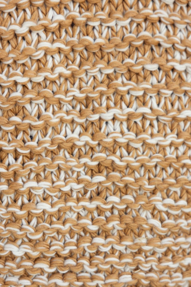 Close-up of chunky cable knit pattern in warm brown and cream colors, showcasing textured stitching.