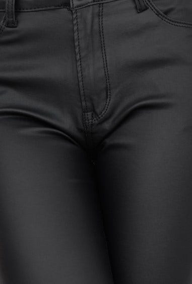 Close-up of Harston Pants, wet look mid-high waist fit with front and back pockets, showcasing stretch material.