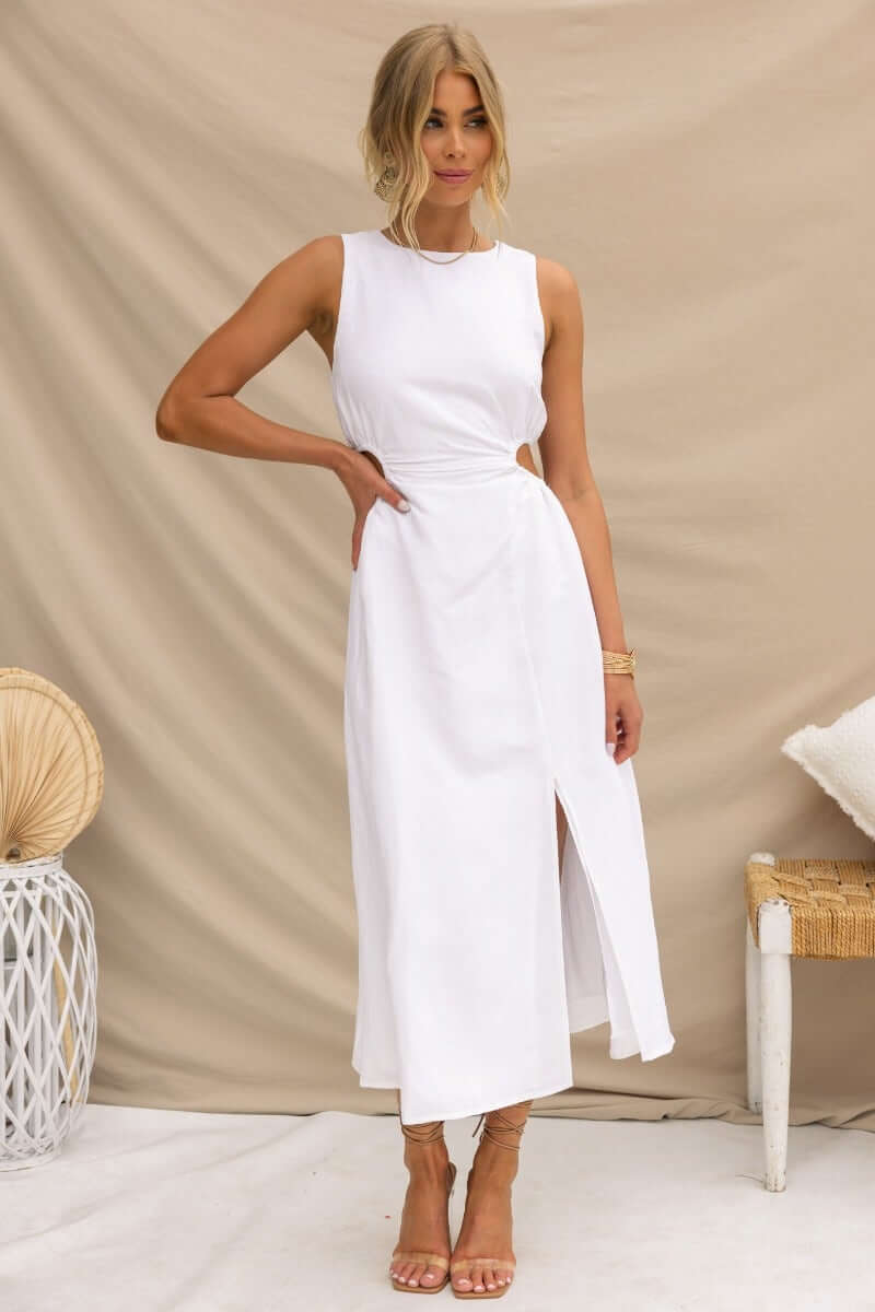 Stylish Rozita Midi Dress in white with round neckline, side cut-outs, and front slit, perfect for summer occasions.