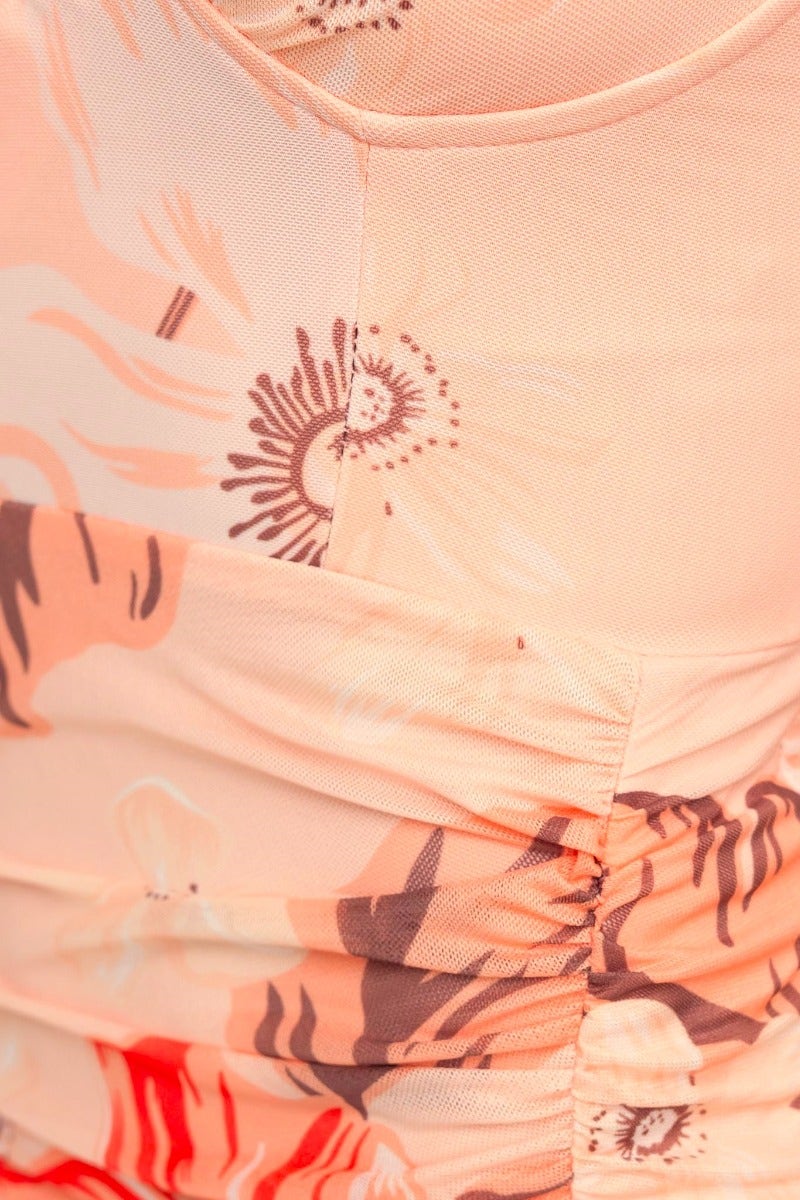 Detail of Adonis Midi Dress showing floral print, adjustable straps, and side ruching.