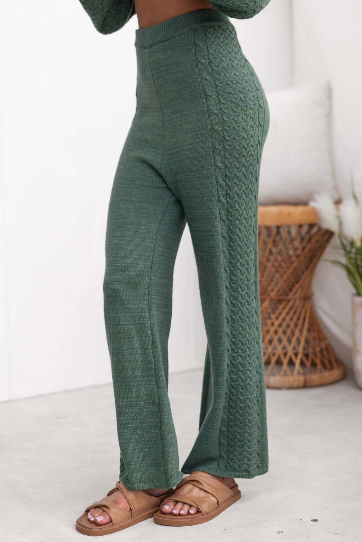 Jesse Pants in green featuring drop crotch style, elastic waistband, and knit material, perfect for casual looks.